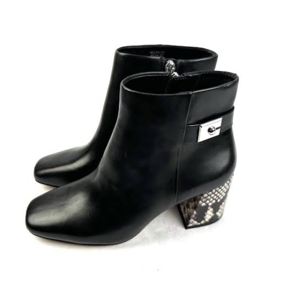 Vince Camuto Black Leather Square Toe Ankle Boots Snakeskin Block Heel Size 8M